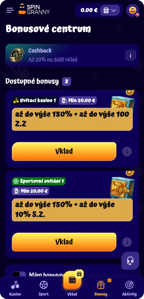 SpinGranny Casino - Hlavní stránka webu
