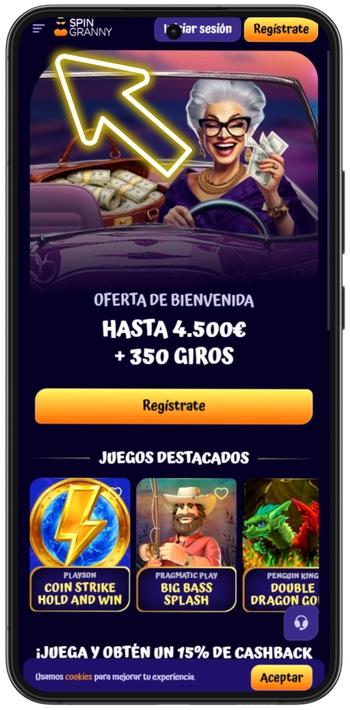 Icono del menú en la parte superior izquierda del sitio de Spin Granny para abrir la navegación en Android