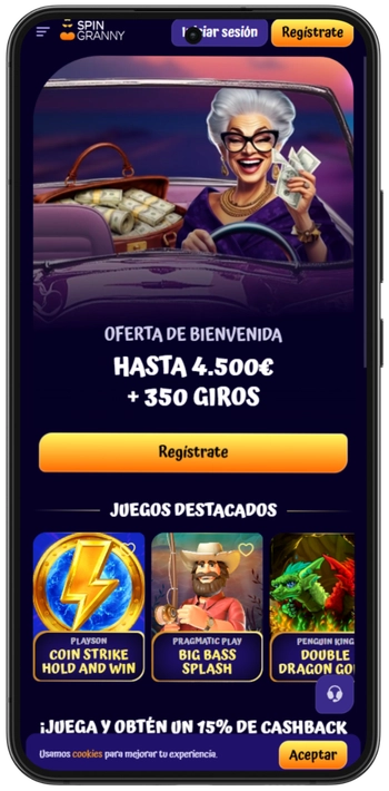 Página principal de Spin Granny Casino con el botón de inicio de sesión en la esquina superior derecha