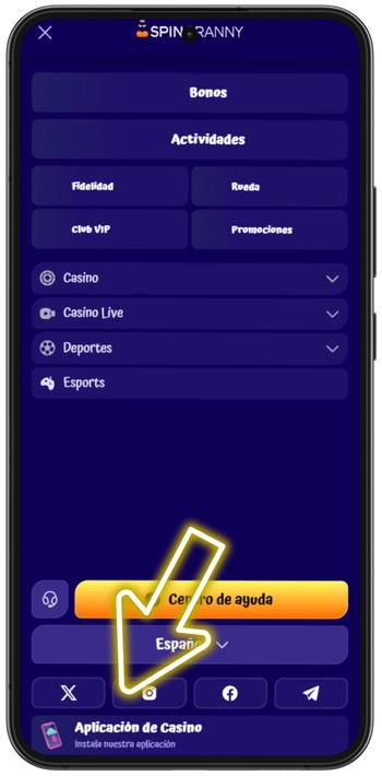 Menú de navegación del sitio de Spin Granny con el enlace a la instalación de la aplicación del casino en la parte inferior en Android