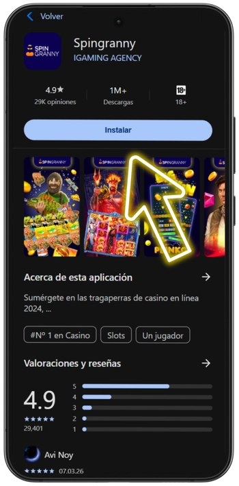 Página de instalación de la aplicación Spin Granny con el botón azul Instalar en un dispositivo Android