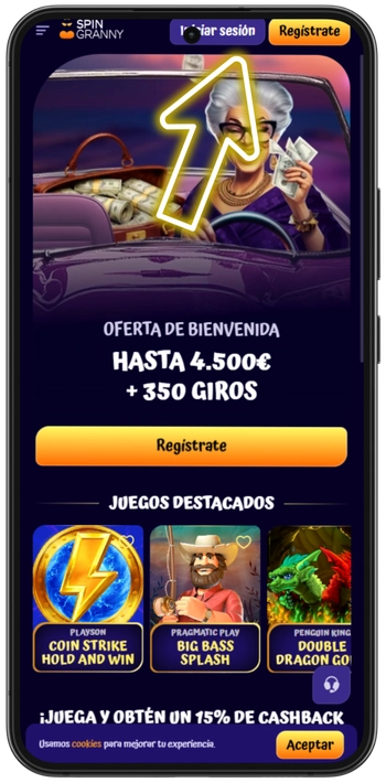 Formulario de inicio de sesión de Spin Granny Casino con campos para correo electrónico y contraseña