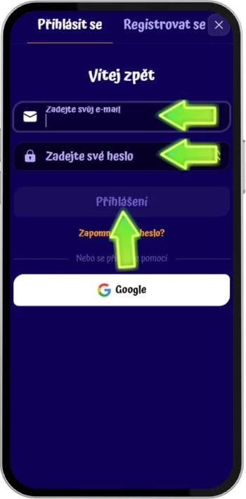 Tlačítko přihlášení vpravo nahoře na webu Spin Granny Casino