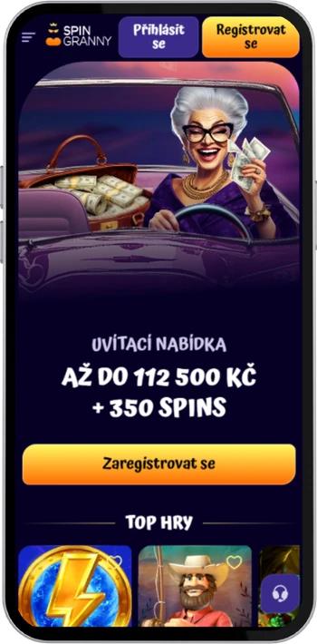 Hlavní stránka Spin Granny Casino s tlačítkem přihlášení vpravo nahoře na obrazovce