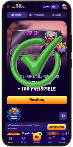 Bestätigungsschritt beim Spin Granny Casino Login mit Weiterleitung ins Konto-Dashboard