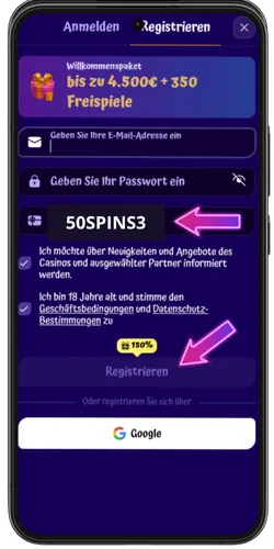 SpinGranny Bonuscode 50SPINS3 im Registrierungsformular eingeben