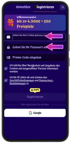SpinGranny Registrierung mit E-Mail Passwort und Promo-Code Feld