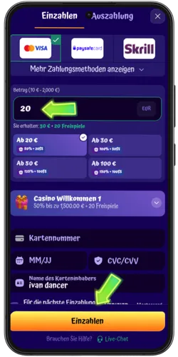 SpinGranny Casino Einzahlung mit Visa Skrill und Bonusstufen