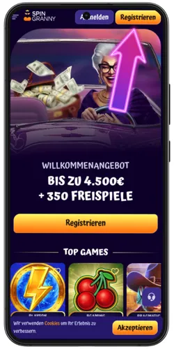 SpinGranny Casino Startseite mit Registrieren Button oben rechts