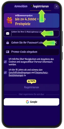 SpinGranny Casino Registrierung mit E-Mail und Passwort
