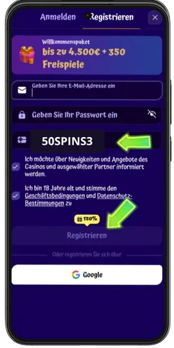 SpinGranny Promo Code 50SPINS3 Eingabe bei der Registrierung