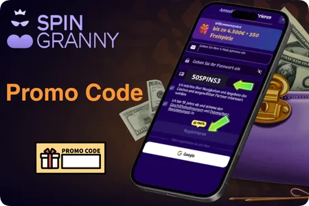 SpinGranny Bonuscode 50SPINS3 im Registrierungsformular eingeben