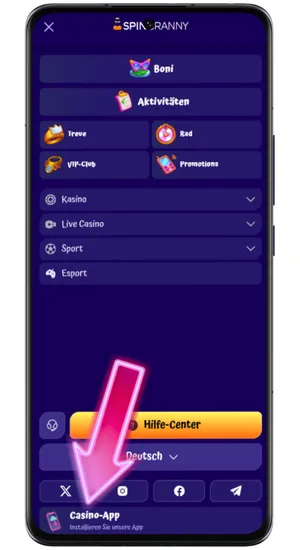 Navigationsmenü der Spin Granny Webseite mit dem Link zur Casino-App Installation unten auf Android
