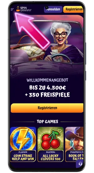 Menü-Symbol oben links auf der Spin Granny Webseite zum Öffnen der Navigation auf Android