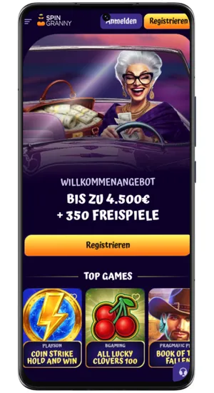Startseite der Spin Granny Casino App mit dem Willkommensangebot auf einem Android-Smartphone