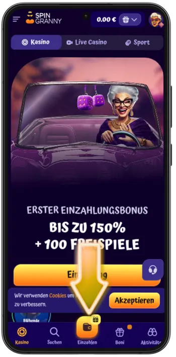 Spin Granny Casino Einzahlen Button App Navigation