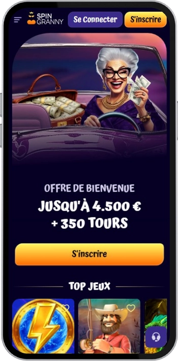 Page d'accueil de Spin Granny Casino avec le bouton de connexion en haut à droite de l'écran