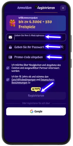 SpinGranny Casino Registrierungsformular – E-Mail und Passwort eingeben