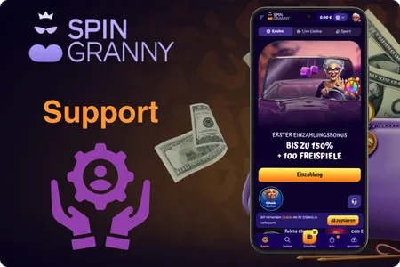 24/7 Support im Spin Granny Casino mit Live-Chat E-Mail und Telefon für deutschsprachige Spieler