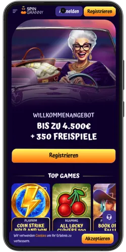 Startseite von Spin Granny Casino mit dem Login-Button oben rechts auf dem Bildschirm