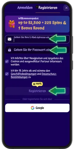 SpinGranny Registrierungsformular mit E-Mail und Passwort