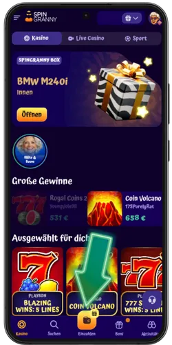 SpinGranny Casino Einzahlen Button in der Navigation