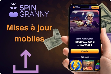 Mises à jour automatiques et fonctions d'assistance de l'application Spin Granny Casino sur un appareil mobile avec offres de bonus