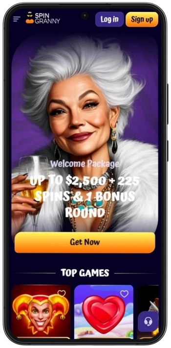 Spin Granny Casino app home page showing the welcome offer on an Android smartphone