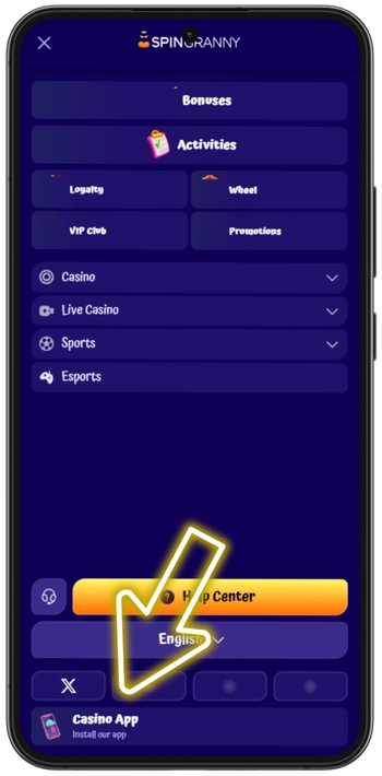 Spin Granny website navigation menu showing the casino app installation link at the bottom on Android