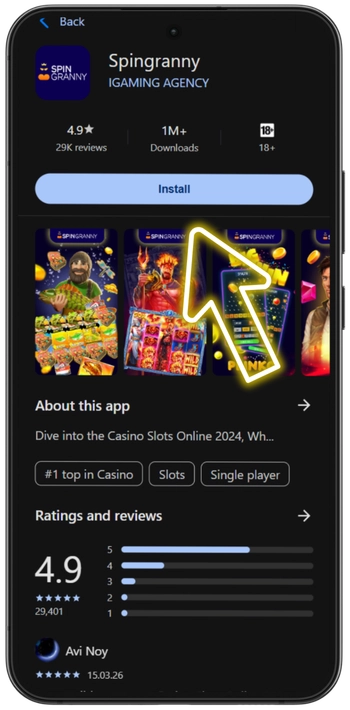 Spin Granny app installation page with the blue Install button on an Android device