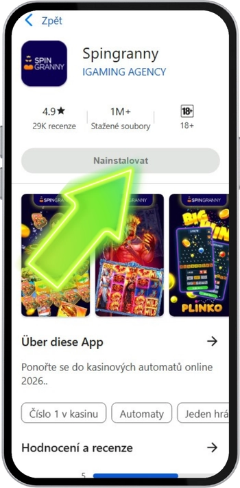Instalační stránka aplikace Spin Granny s modrým tlačítkem Instalovat na zařízení Android