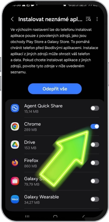 Nastavení Androidu pro povolení instalace z neznámých zdrojů pro prohlížeč aplikace Spin Granny