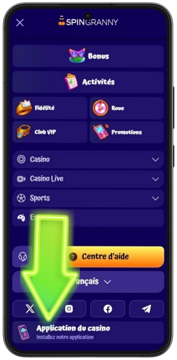 Menu de navigation du site Spin Granny avec le lien vers l'installation de l'application casino en bas sur Android