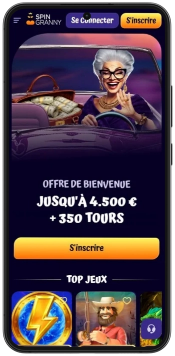 Page d'accueil de l'application Spin Granny Casino avec l'offre de bienvenue sur un smartphone Android