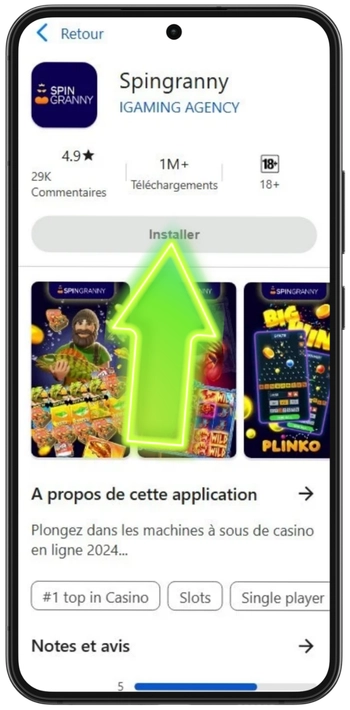 Page d'installation de l'application Spin Granny avec le bouton bleu Installer sur un appareil Android