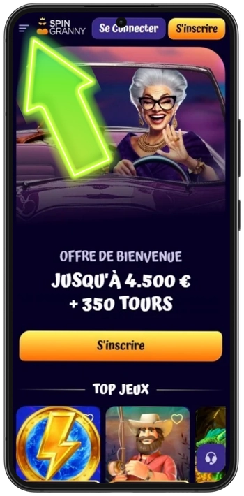 Icône du menu en haut à gauche du site Spin Granny pour ouvrir la navigation sur Android