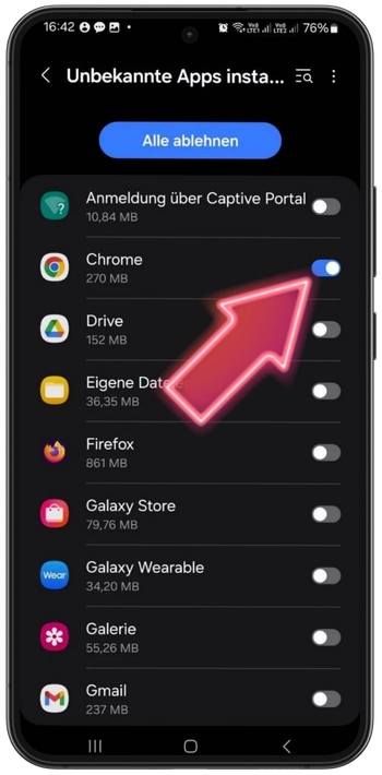 Android-Einstellungen zur Installation aus unbekannten Quellen für den Browser der Spin Granny App