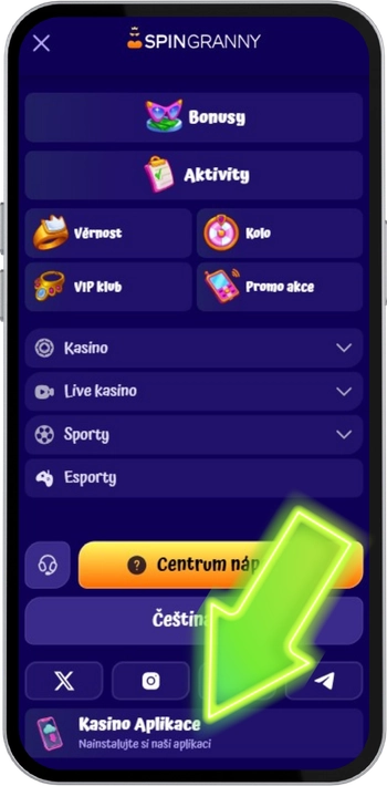 Navigační menu webu Spin Granny s odkazem na instalaci aplikace kasina dole na Androidu