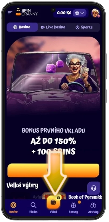 SpinGranny Casino tlačítko vložit navigace aplikace