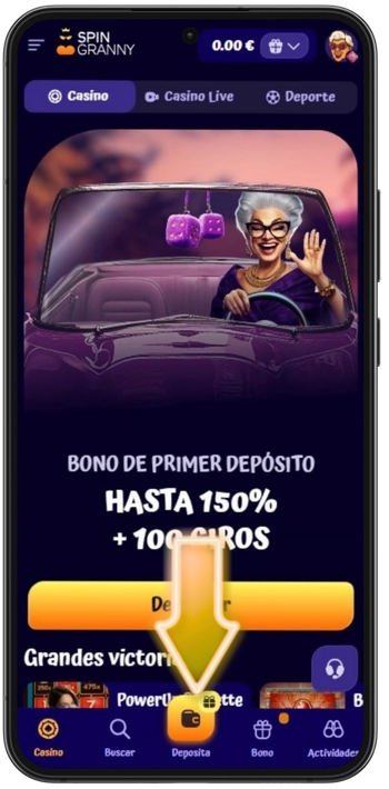 SpinGranny Casino botón de depósito navegación de la aplicación