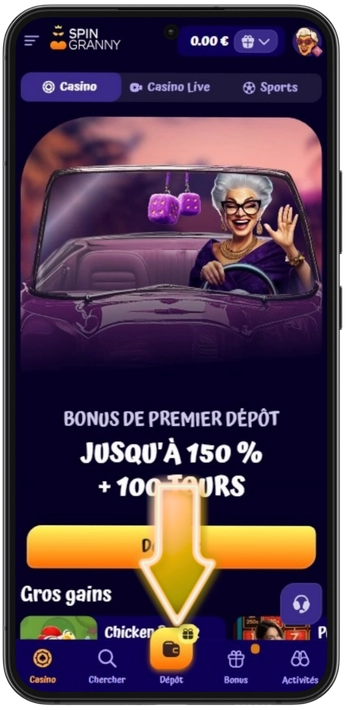 Spin Granny Casino Einzahlen Button App Navigation