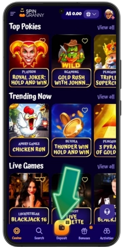 SpinGranny Casino Deposit button in the navigation bar