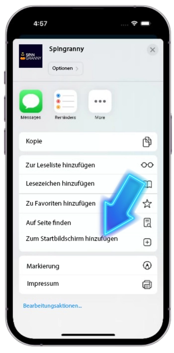 Option Zum Home-Bildschirm im Safari-Teilen-Menü für Spin Granny