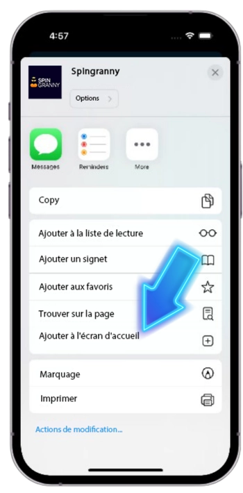 Option Sur l'écran d'accueil dans le menu Partager de Safari pour Spin Granny
