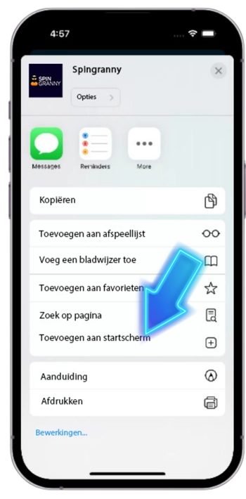 Optie Zet op beginscherm in het Safari-deelmenu voor Spin Granny