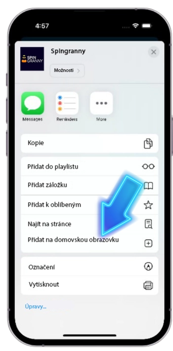 Možnost Přidat na plochu v nabídce Sdílet v Safari pro Spin Granny