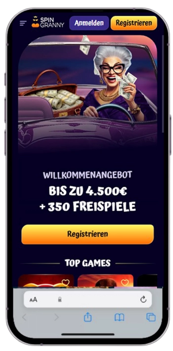 Startseite der Spin Granny Casino App mit dem Willkommensangebot auf einem iPhone