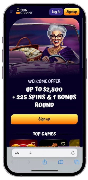 Spin Granny Casino app home screen showing the welcome offer on an iPhone