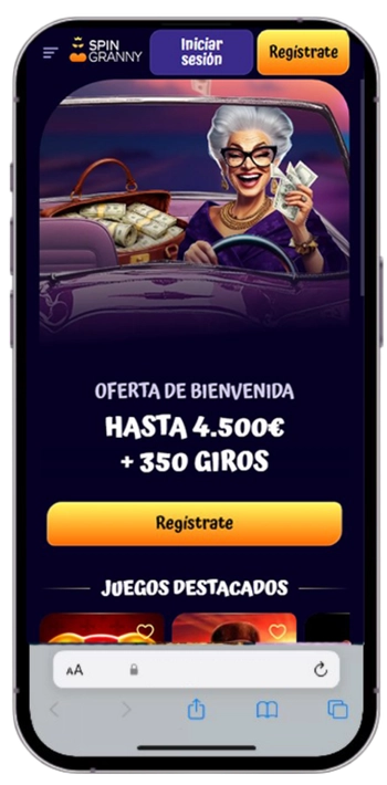 Página de inicio de la aplicación Spin Granny Casino con la oferta de bienvenida en un iPhone