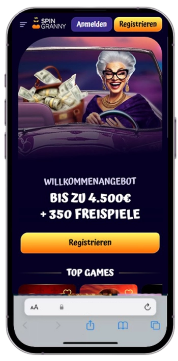 Startpagina van de Spin Granny Casino-app met het welkomstaanbod op een iPhone